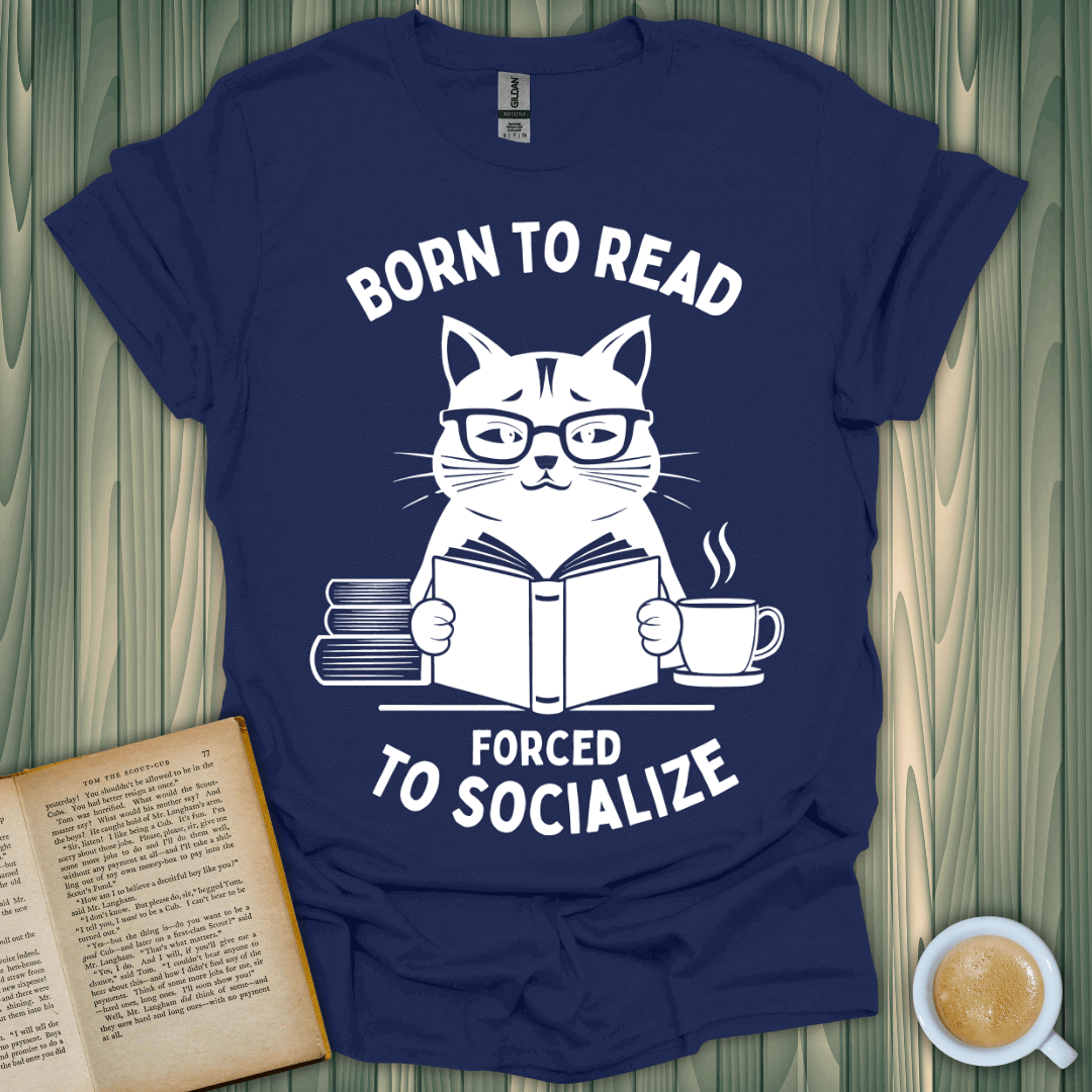 Born to Read t-shirt featuring a cat in glasses with books and coffee, perfect for book lovers.