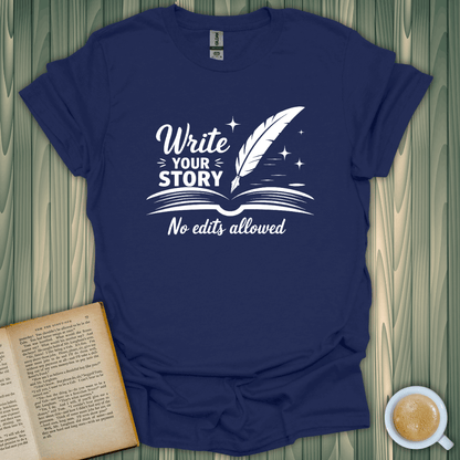 Navy Write Your Story T-Shirt for book lovers, featuring a quill and open book design, made from 100% cotton.