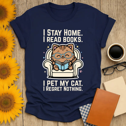 Illustration of a cute cat in glasses reading on a couch with text: "I Stay Home. I Read Books. I Pet My Cat. I Regret Nothing" on a navy Starry Cat Reader T-Shirt.