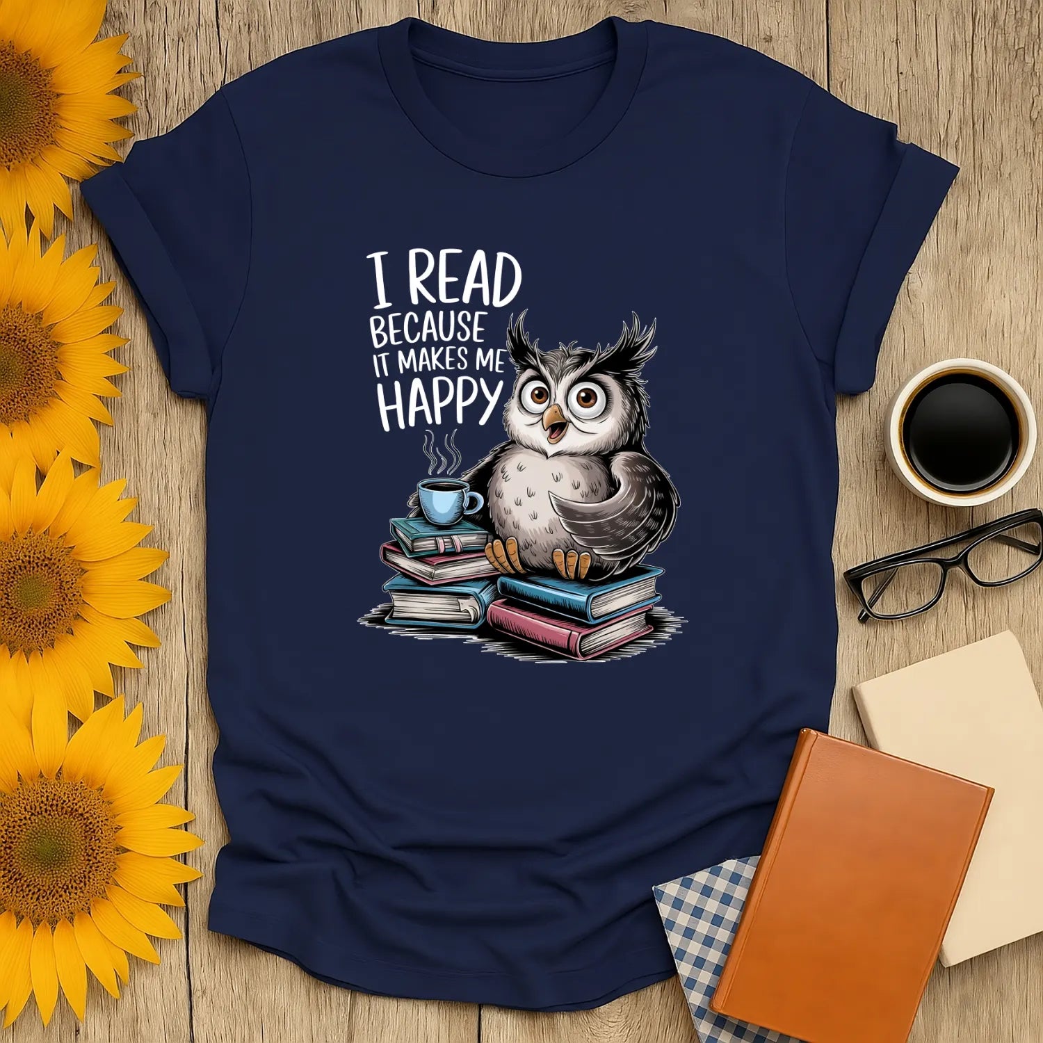 Happy Reader T-Shirt featuring a cozy owl and books, perfect for book lovers and introverts. Organic cotton, relaxed fit! 📖☕️