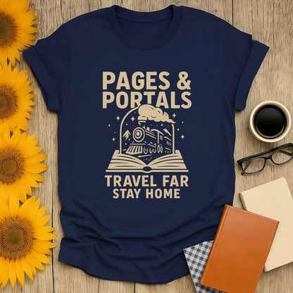 Nautical navy Pages & Portals tee with a whimsical train and book design, perfect gift for cozy book lovers.