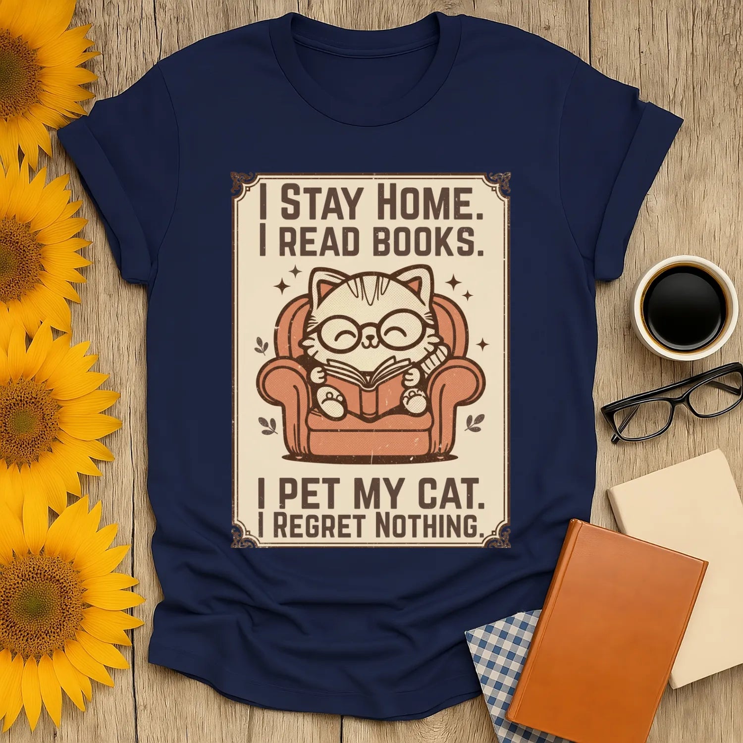Poster Cat Reader T-Shirt features a cute cat in glasses reading, perfect for book lovers who enjoy cozy humor and gifts for readers.