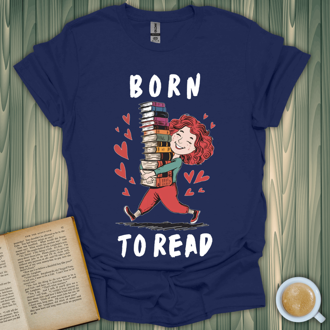 Born to Read T-Shirt for book lovers, featuring a cute design with a girl carrying books. Perfect for any reader.