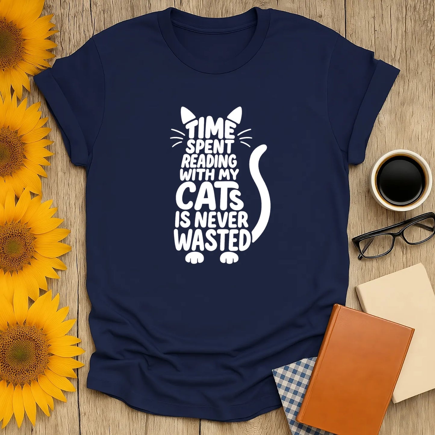 Funny cat reading shirt with the text 'Time spent reading with my cats is never wasted,' perfect for cozy book lovers.