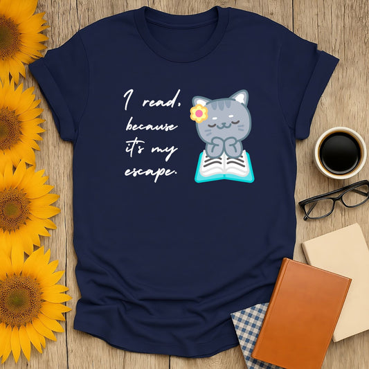 Navy blue t-shirt for book lovers with a cute cat design, saying 'I read because it's my escape'.