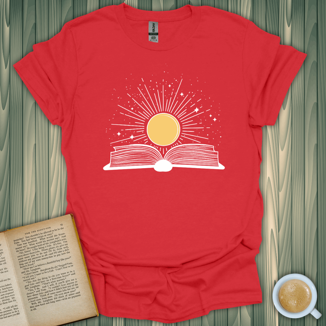 Sunshine Kiss T-Shirt featuring a sun and book design, perfect for book lovers. Made of 100% ring-spun cotton.