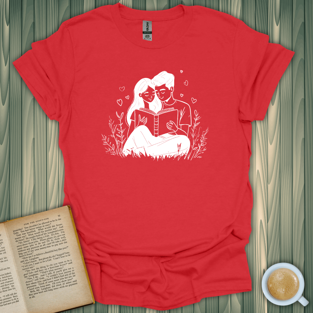 Chapter of Us T-Shirt featuring a couple reading together, perfect for book lovers. Soft, breathable fabric.