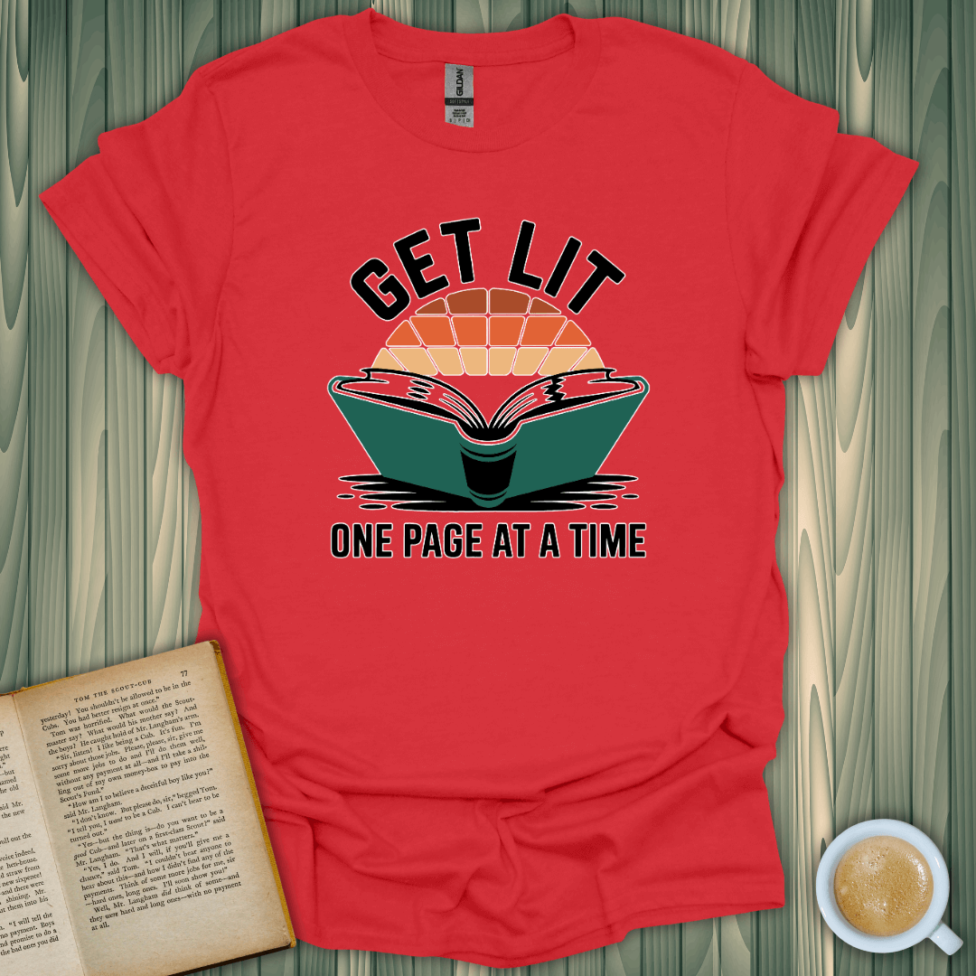 Get Lit Page by Page T-Shirt for book lovers, featuring colorful screen print on soft red cotton fabric.