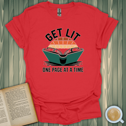 Get Lit Page by Page T-Shirt for book lovers, featuring colorful screen print on soft red cotton fabric.