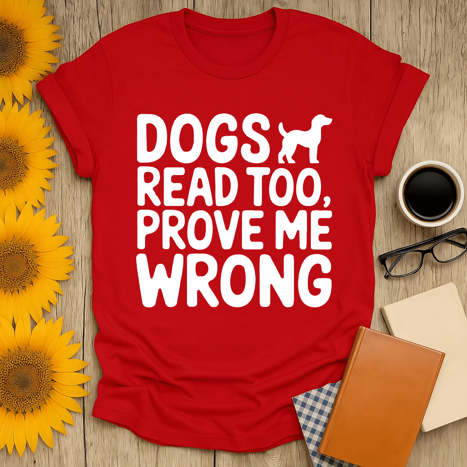 Dogs Read Too T-Shirt in red, perfect for book lovers. 100% cotton, unisex fit, vibrant screen-printed design.
