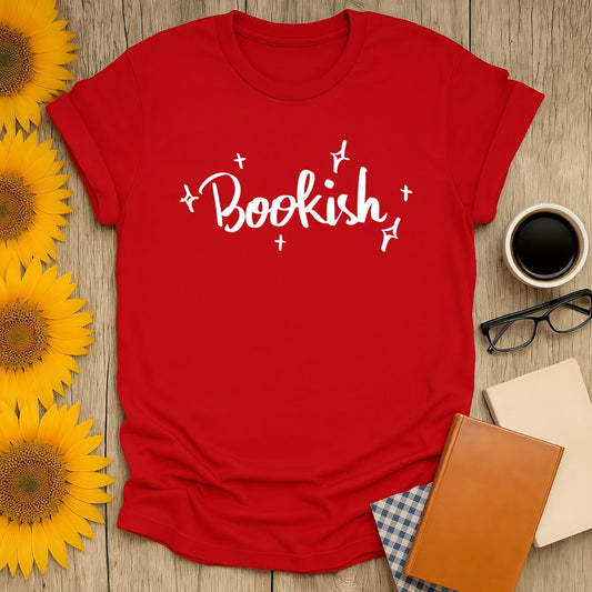 Red Simply Bookish T-shirt for book lovers, made from 100% soft cotton with a vibrant screen print.