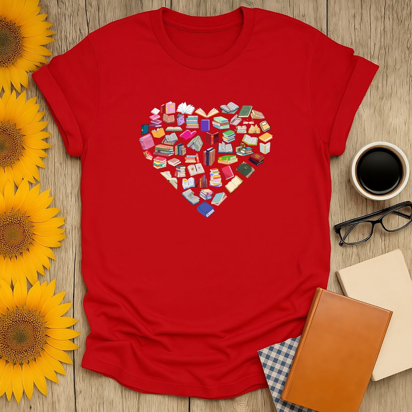 Cozy red Heart of Books T-Shirt featuring a heart made of colorful book illustrations, perfect for book lovers and gift-givers.