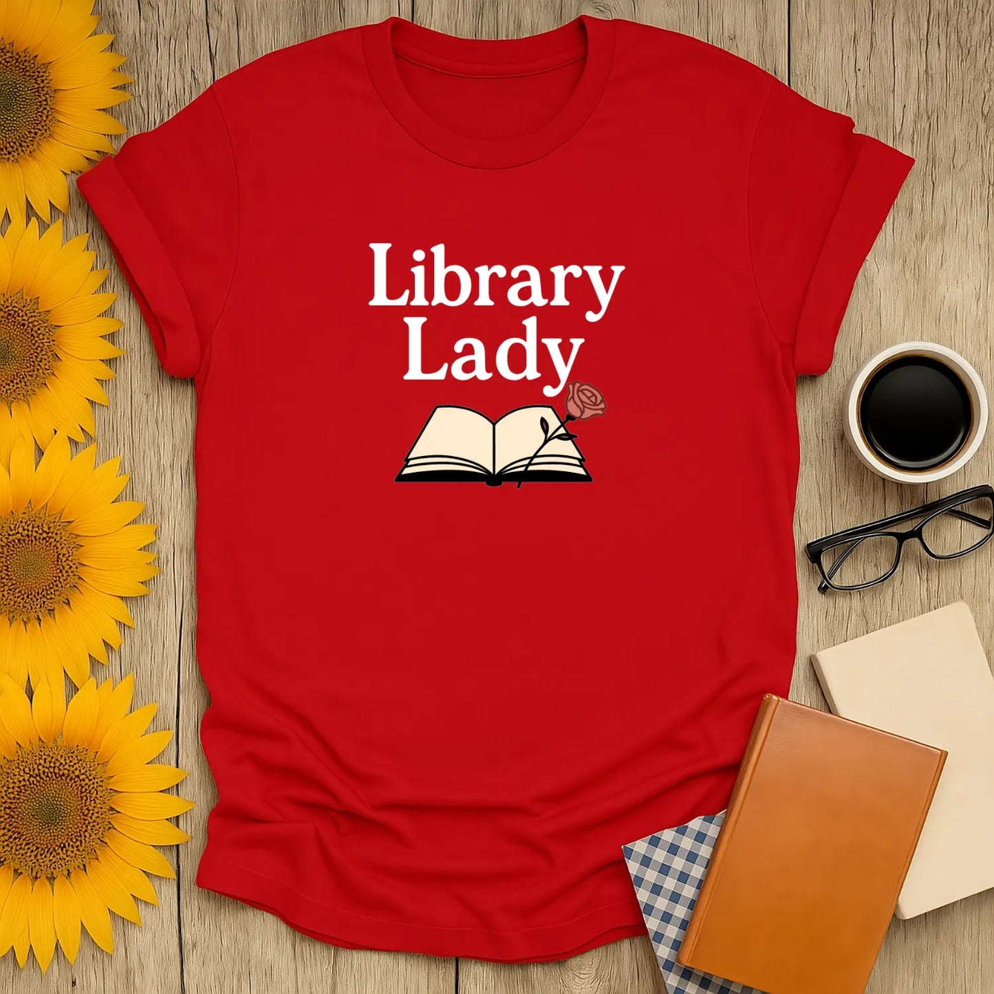 Library Lady T-shirt in red featuring an open book and rose, perfect for book lovers who adore cozy reading moments.