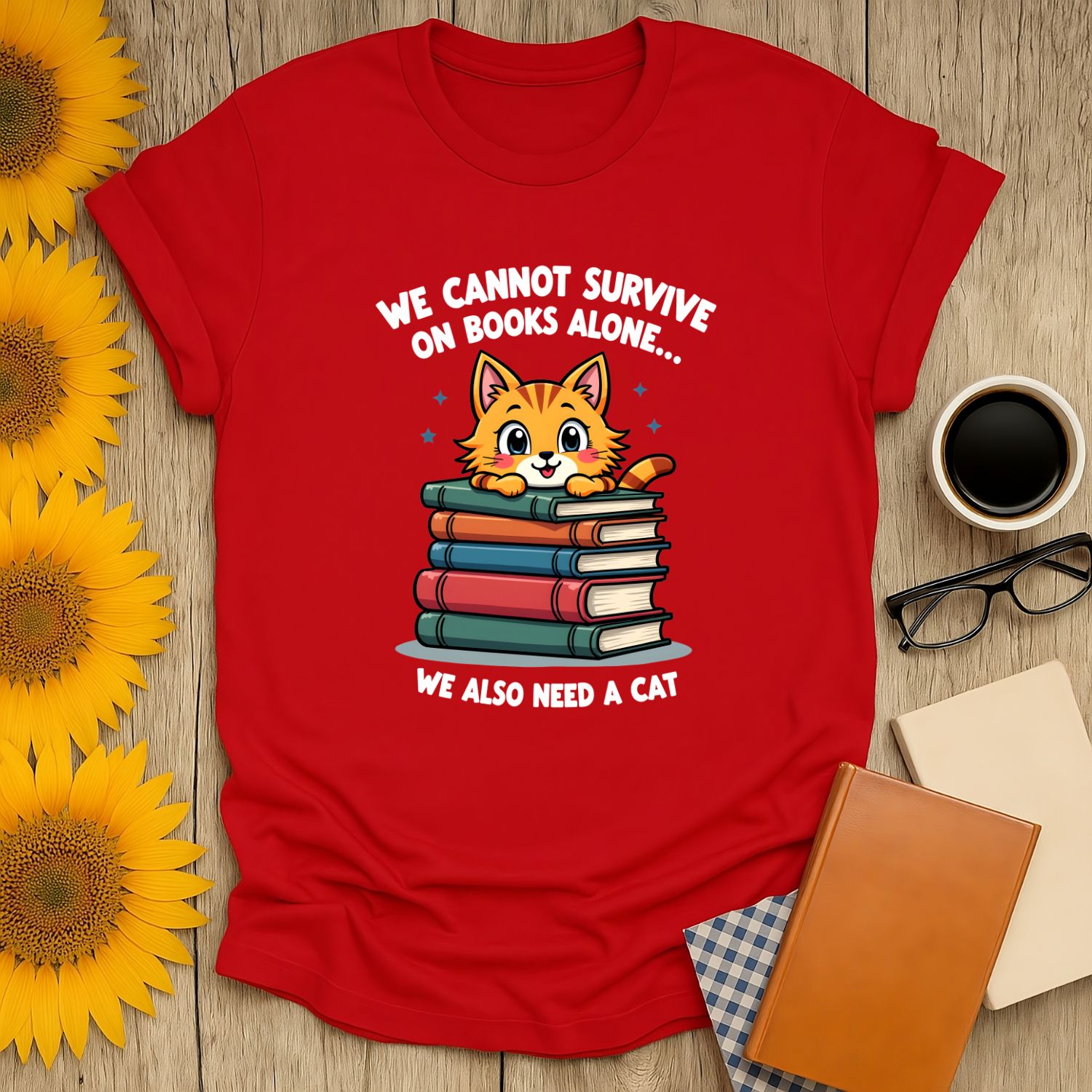 Purrfect Reader T-Shirt featuring a cute cat on stacked books, perfect for book lovers. Lightweight, breathable, and stylish.