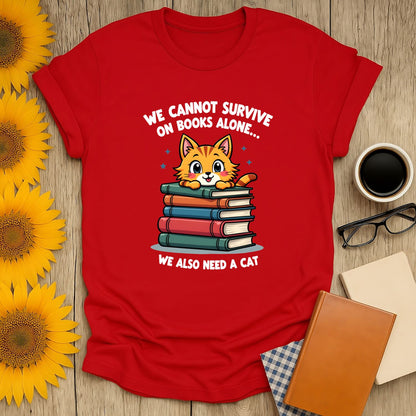 Purrfect Reader T-Shirt featuring a cute cat on stacked books, perfect for book lovers. Lightweight, breathable, and stylish.