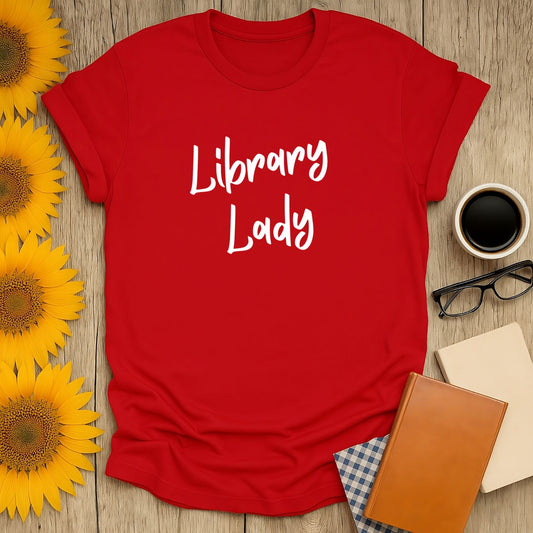 Red Library Lady T-Shirt for book lovers, featuring soft hand screen print on breathable cotton. Perfect for casual wear.