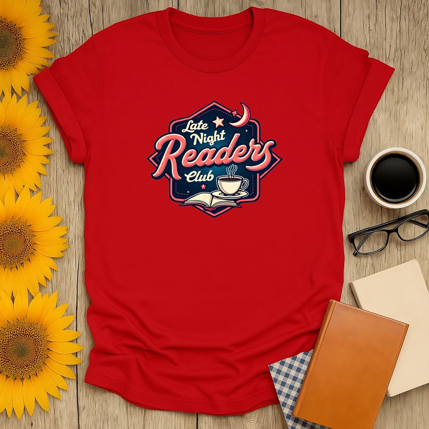 Late Night Readers Club t-shirt in vibrant red, perfect for book lovers who enjoy cozy readings with cats, coffee, or tea.