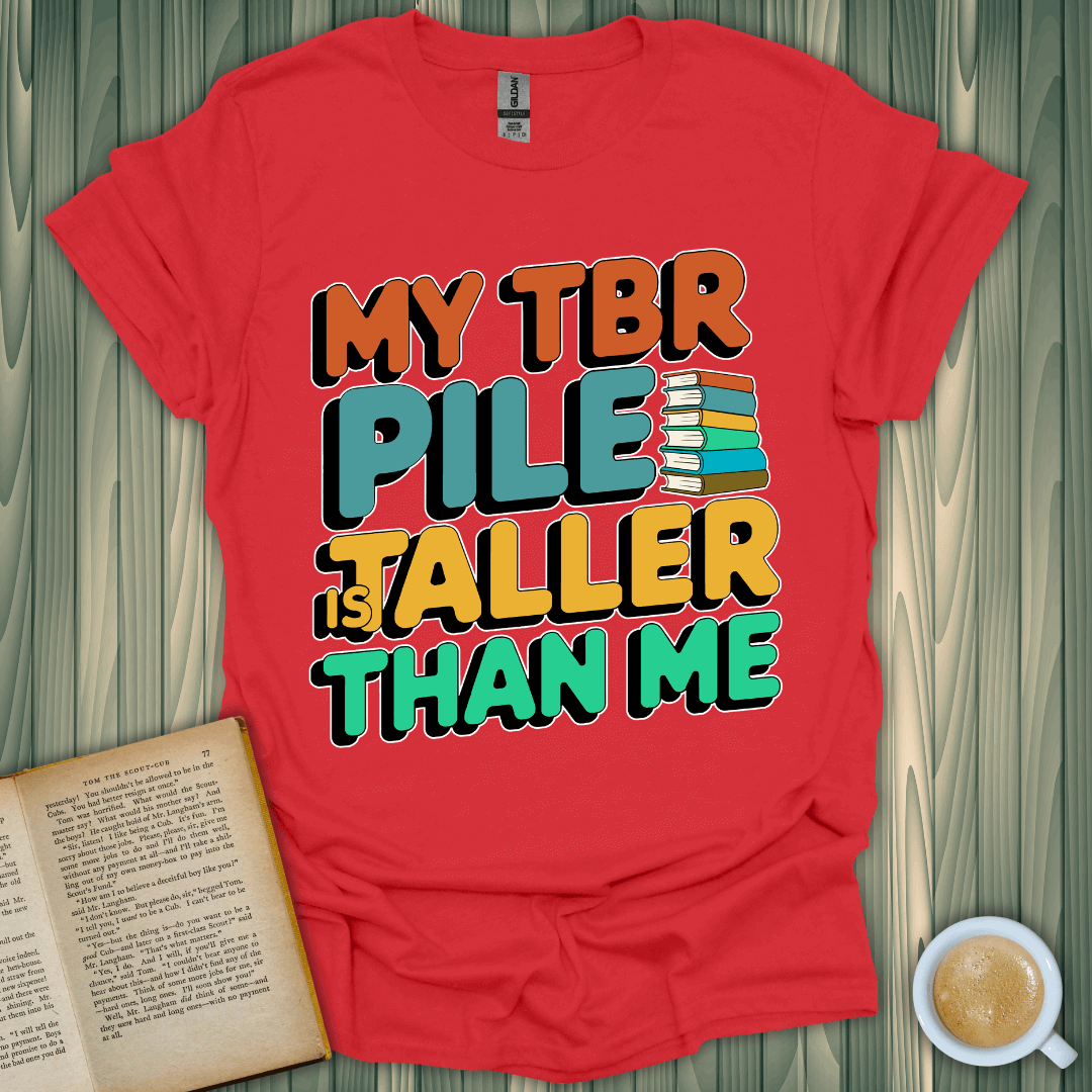 TBR Pile T-Shirt in vibrant red, perfect for book lovers who stack their reading high!