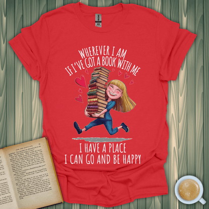 Book lover t-shirt featuring a cheerful girl carrying books with quote about happiness and reading.