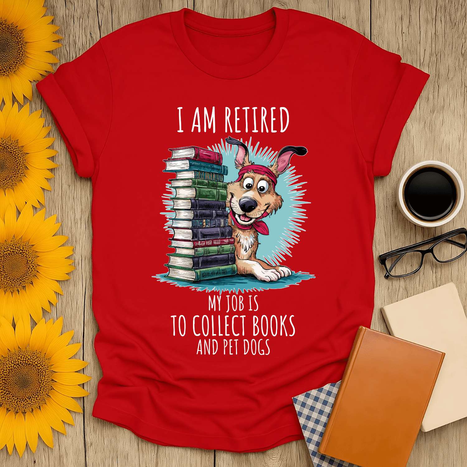 Retired & Bookish t-shirt featuring a playful dog and stacks of books, perfect for book lovers and dog enthusiasts.