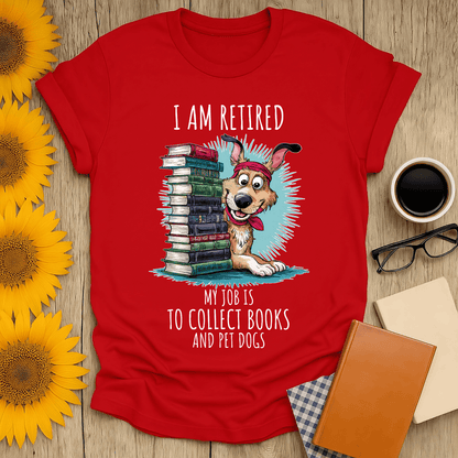 Retired & Bookish t-shirt featuring a playful dog and stacks of books, perfect for book lovers and dog enthusiasts.