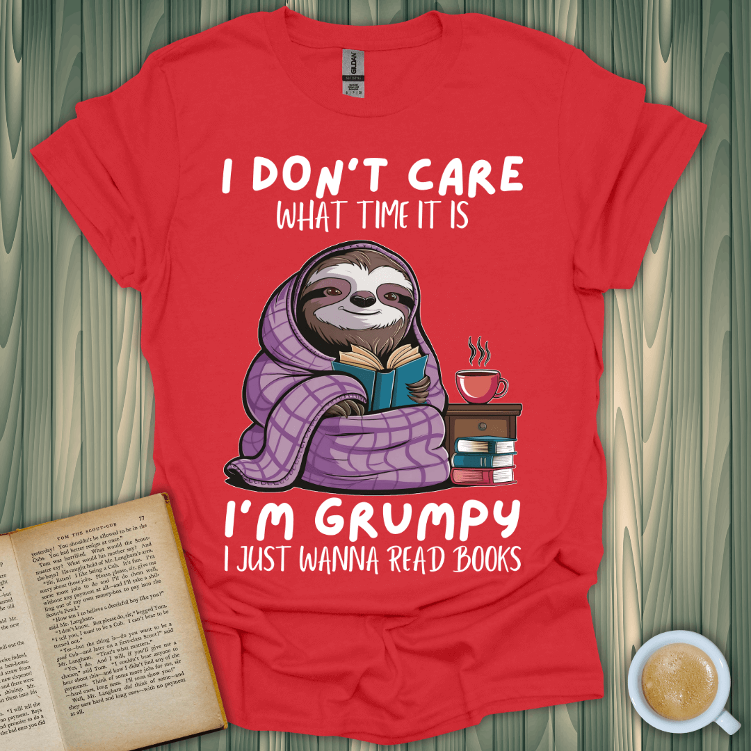 Grumpy sloth book lover t-shirt featuring a cozy design and humorous quote, perfect for readers.