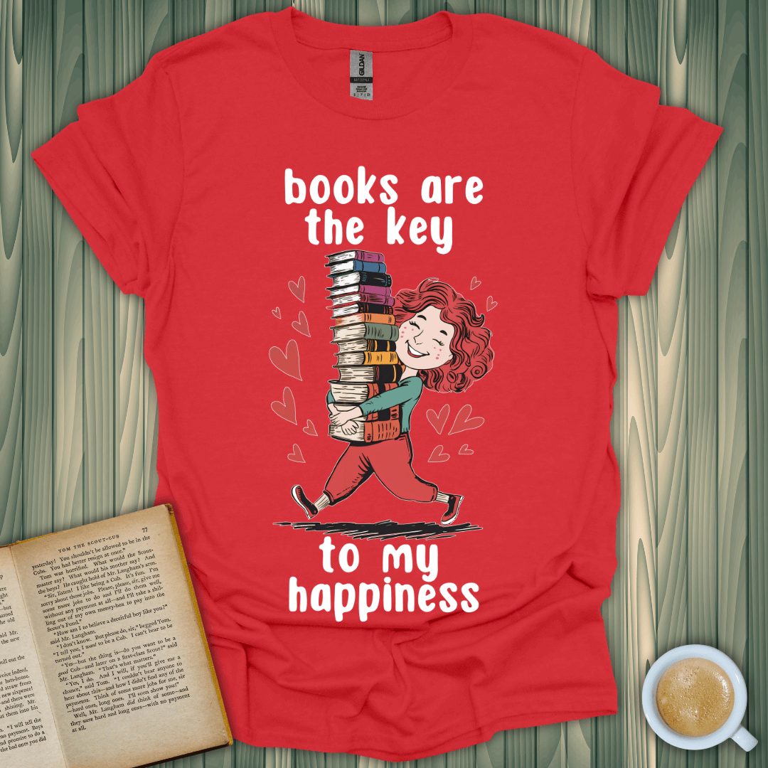 Key to My Joy T-Shirt for book lovers with fun graphic design, 100% cotton, unisex fit, perfect for casual wear.