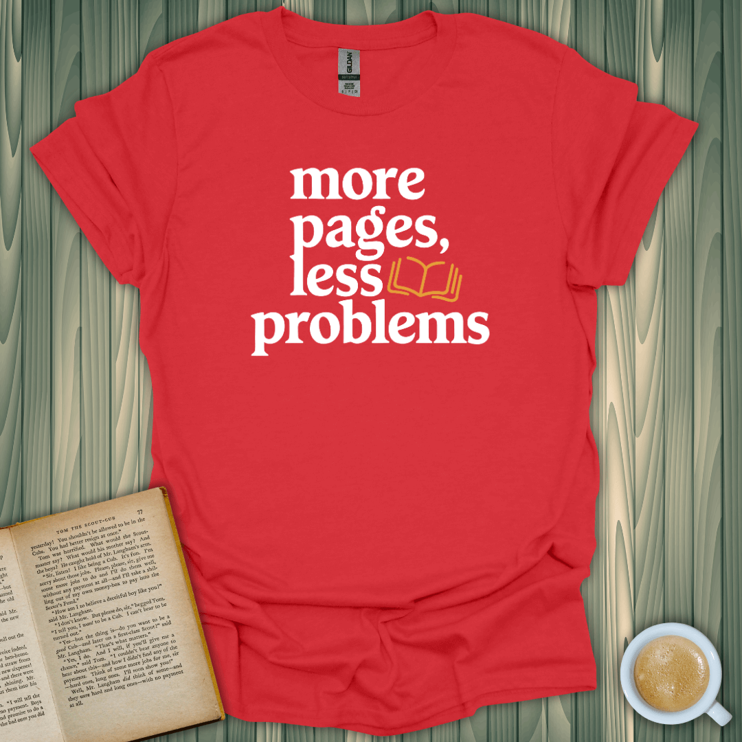 Red unisex t-shirt with 'more pages, less problems' text design for book lovers, made from 100% ring-spun cotton.