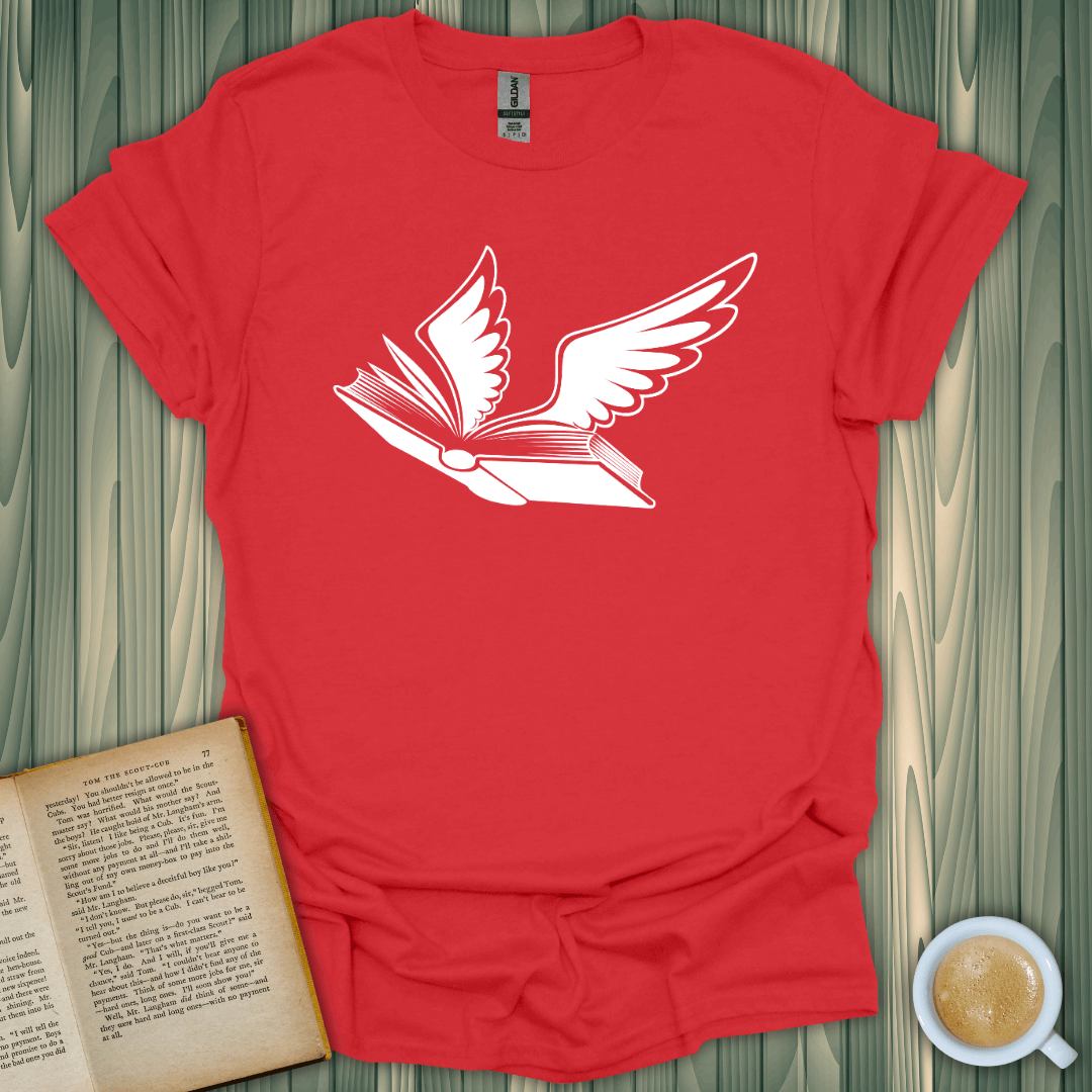 Bird of Hermes T-Shirt in red, featuring winged book design, perfect gift for book lovers. 100% cotton, unisex fit.