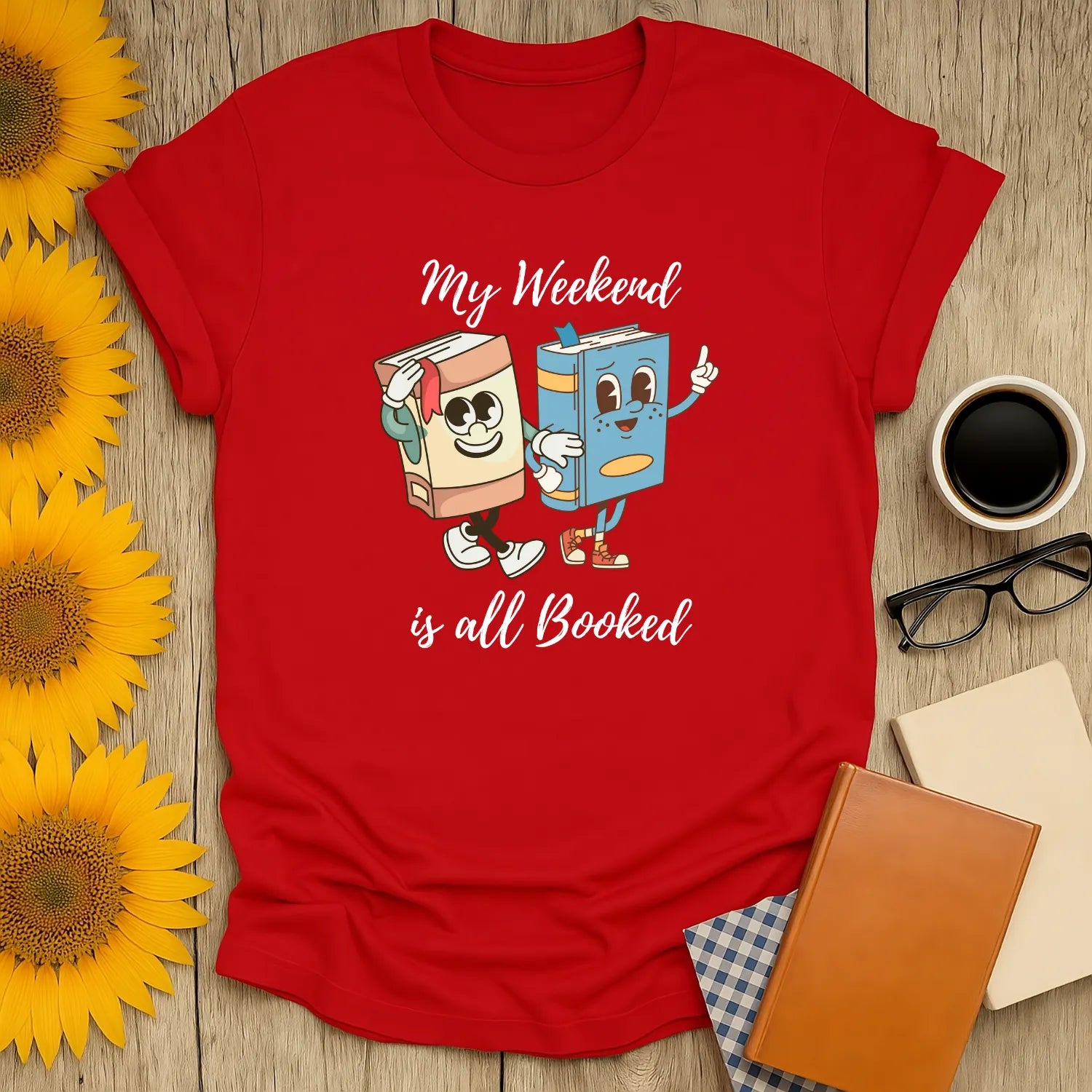 Cozy book shirt featuring cheerful cartoon books with text 'My Weekend is all Booked' perfect for cat lovers and coffee drinkers.