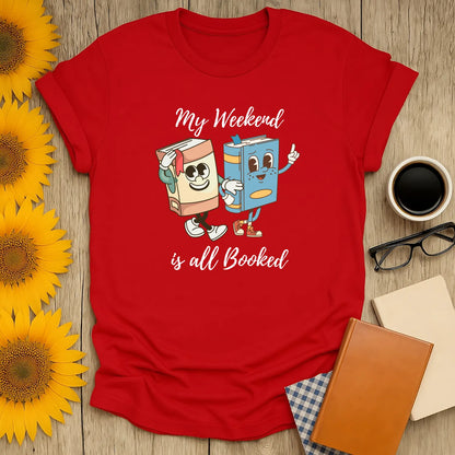 Cozy book shirt featuring cheerful cartoon books with text 'My Weekend is all Booked' perfect for cat lovers and coffee drinkers.