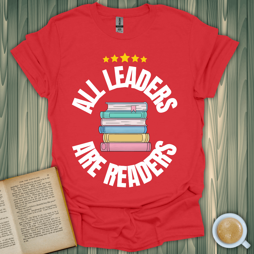 Leaders Are Readers T-Shirt for book lovers, featuring stacked books and vibrant screen-printed design.