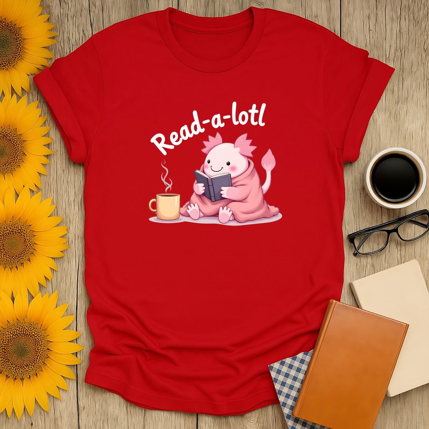 Read-a-lotl 2 T-Shirt in red, featuring a cute character reading, perfect for book lovers, made from soft cotton.