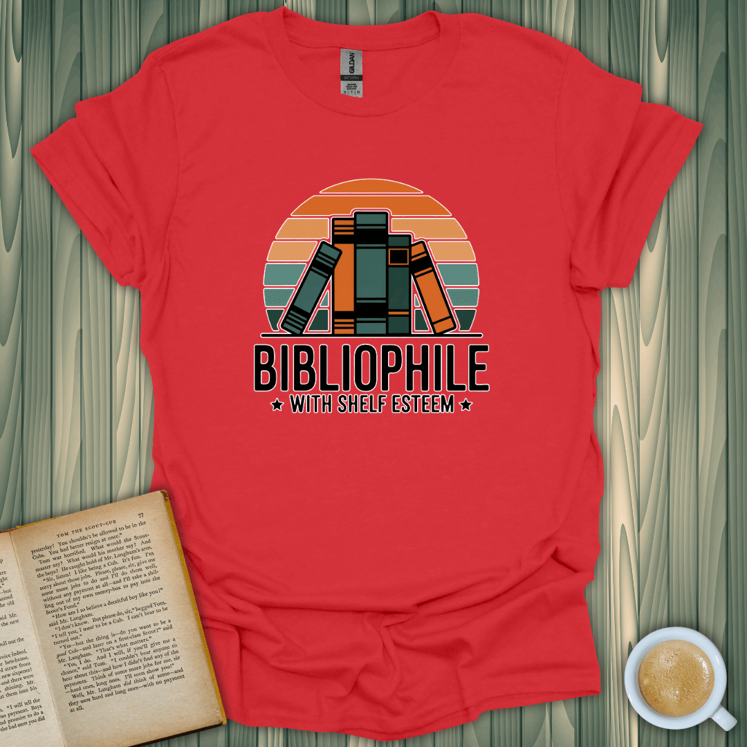 Bibliophile with Shelf Esteem T-Shirt for book lovers, featuring a colorful graphic on a red cotton tee.