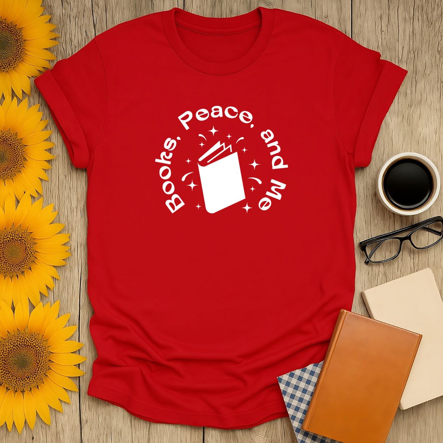 Books, Peace, and Me shirt with a magical book illustration—perfect cozy tee for cat and coffee-loving bookworms!