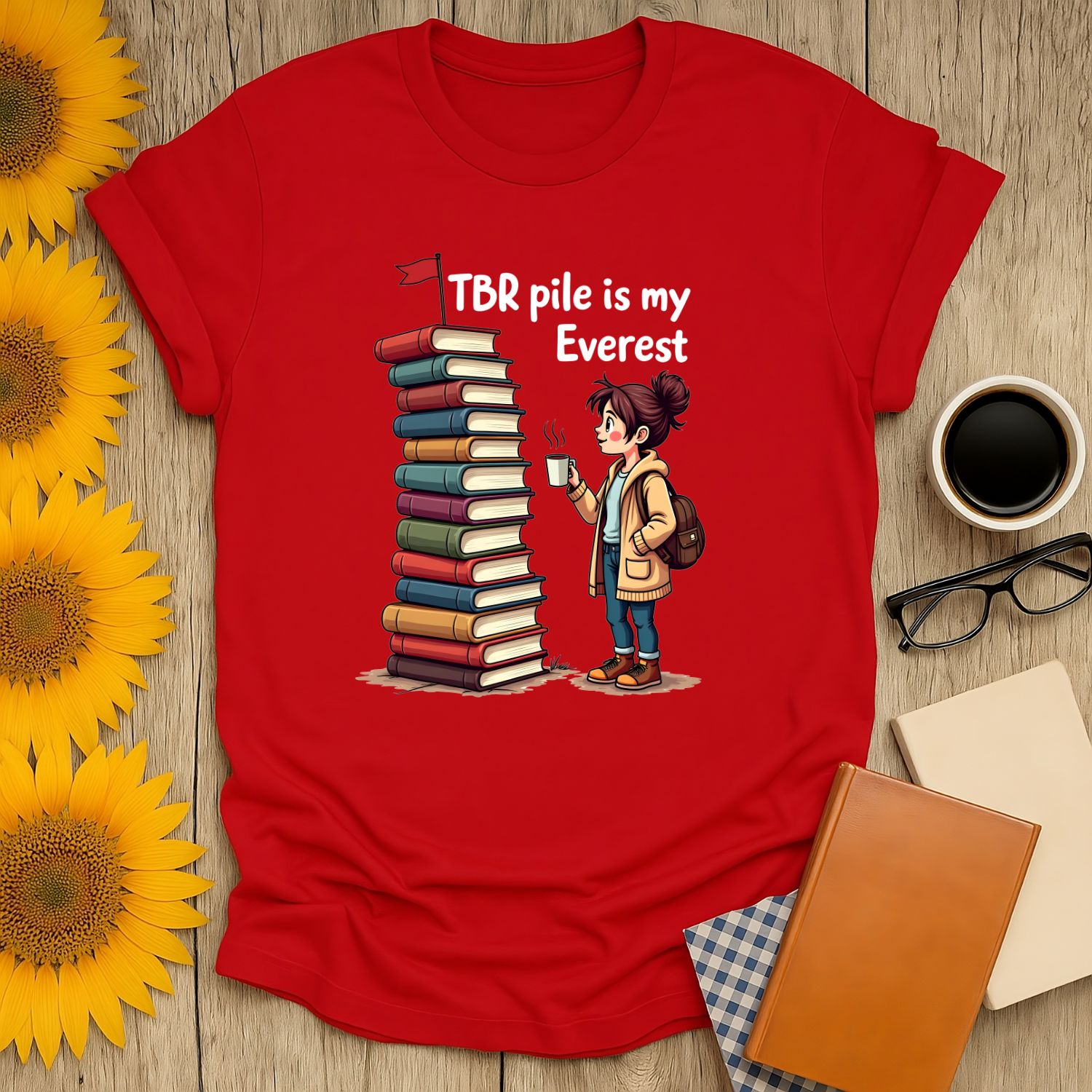 Bookish Everest T-Shirt in red, featuring a design for book lovers with stacked books and the phrase 'TBR pile is my Everest'.