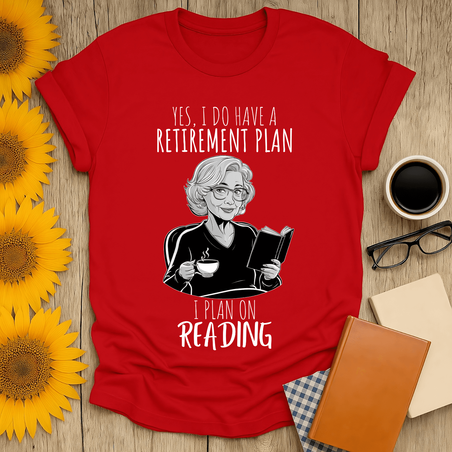 Retirement Plan 2 T-Shirt in red, featuring book lover design, perfect for readers and casual wear.