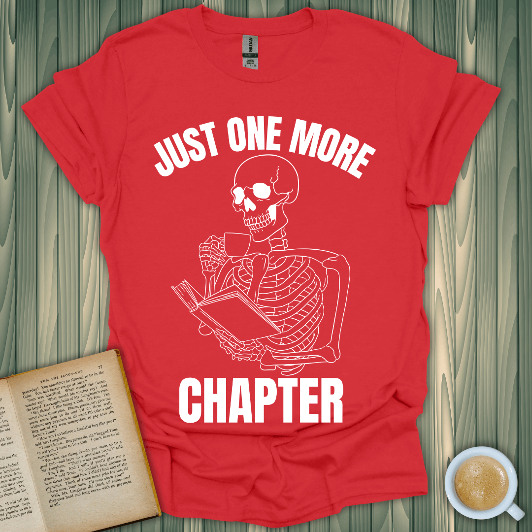 Skeleton Reader T-Shirt with 'Just One More Chapter' design for book lovers, made from 100% ring-spun cotton.