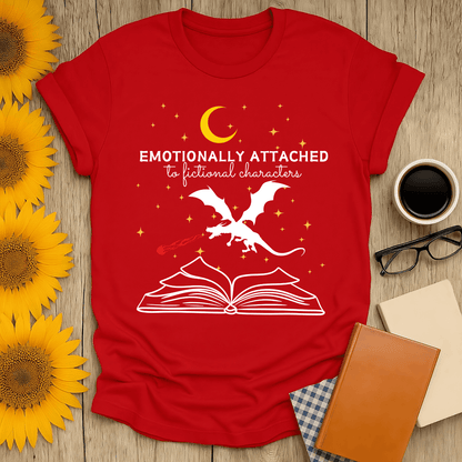 Red Fictional Characters T-Shirt with 'Emotionally Attached' text, perfect for book lovers, made of 100% ring-spun cotton.
