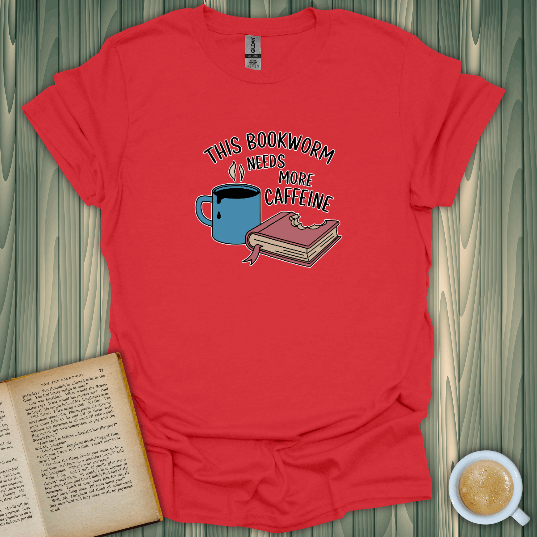 Caffeinated Bookworm T-Shirt in coral, featuring coffee cup and book graphic for book lovers.