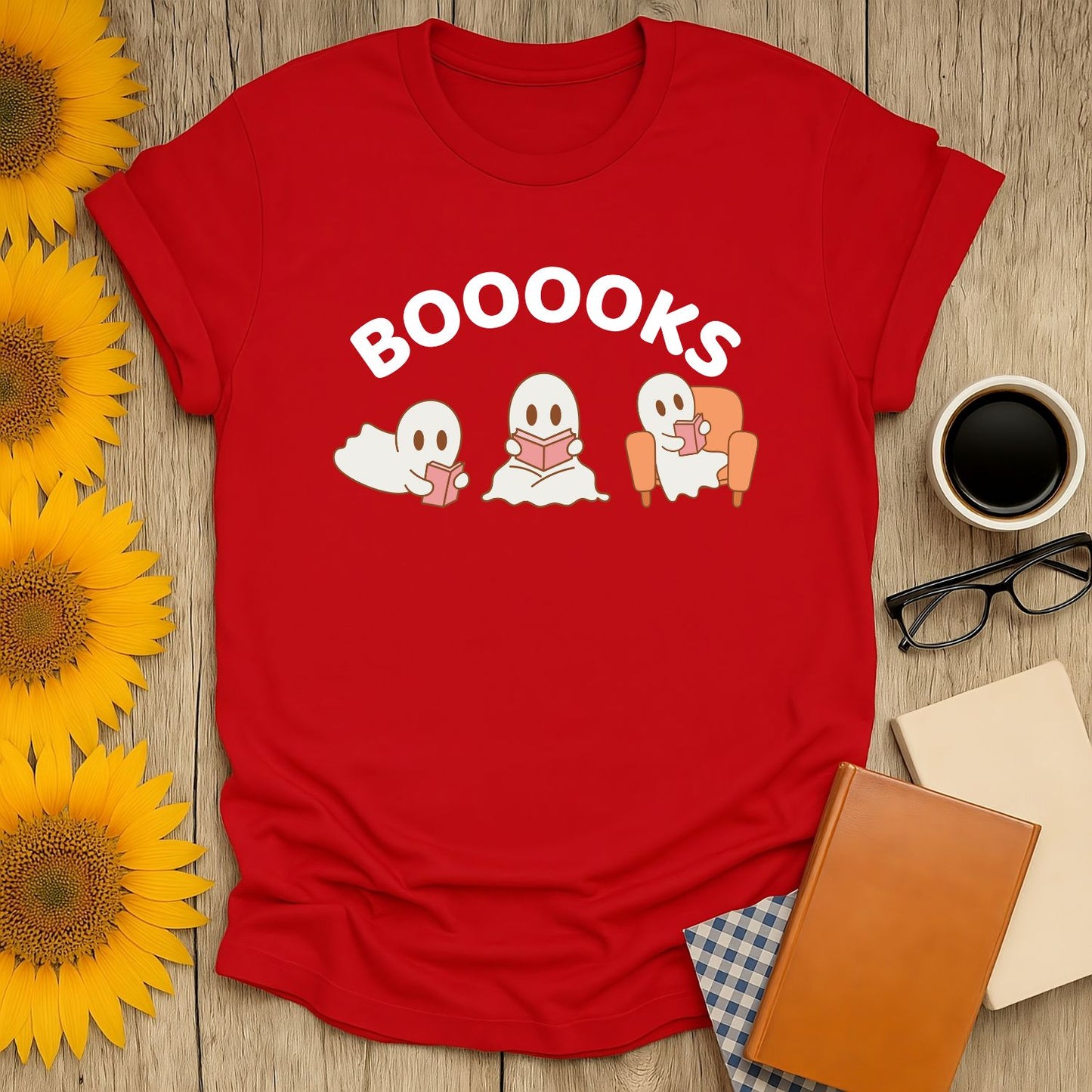 Booooks T-Shirt for book lovers featuring playful ghost graphics on a red shirt, perfect for reading enthusiasts.