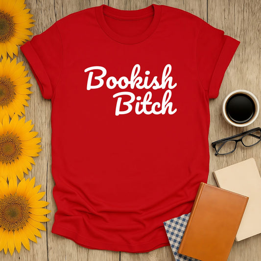 Bookish Bitch t-shirt for book lovers in bright red, crafted from soft, breathable cotton. Perfect for any reading enthusiast.