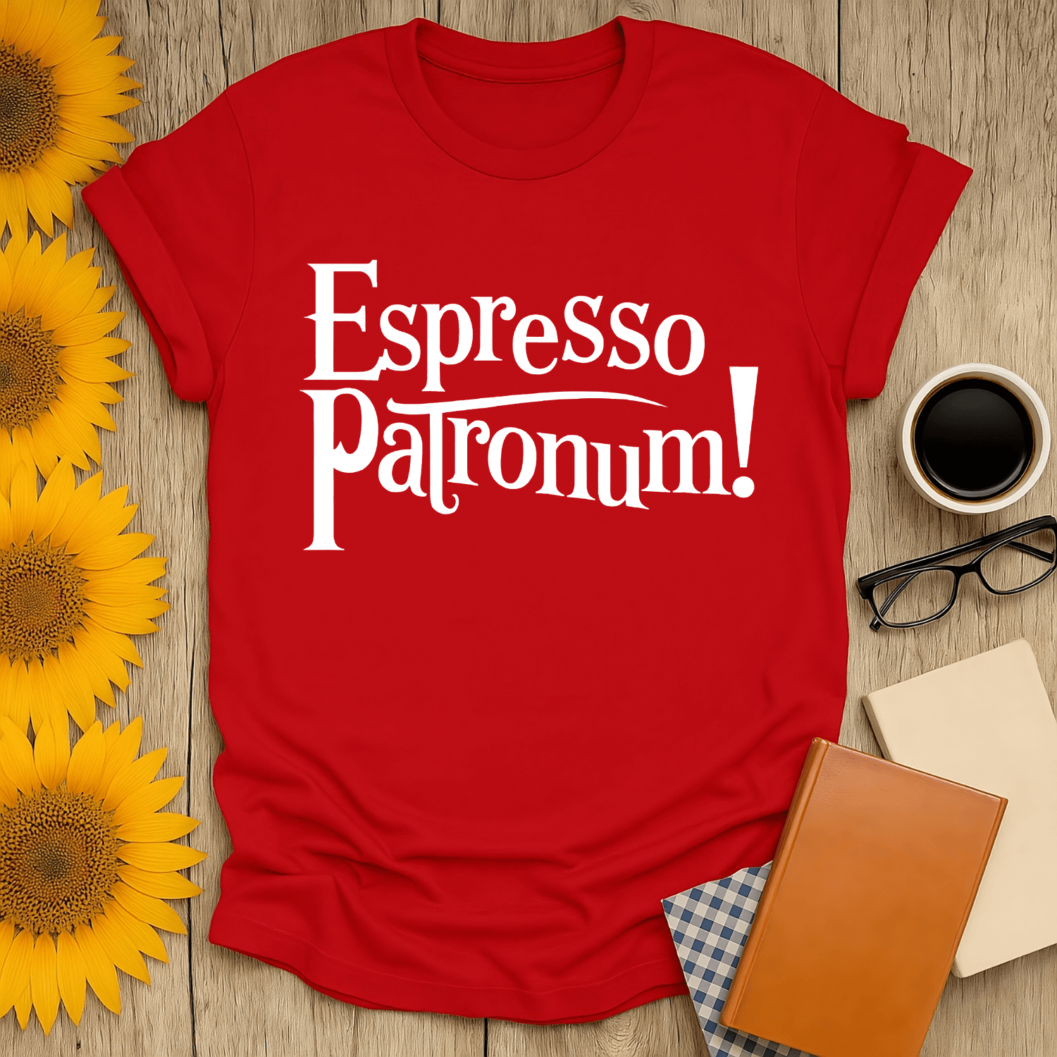 Espresso Patronum! T-Shirt on wooden background with sunflowers, ideal for book lovers.