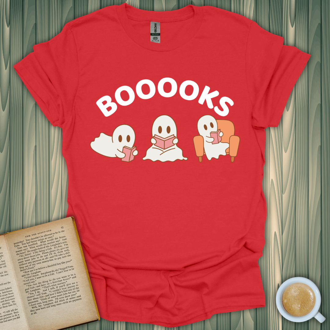 Booooks t-shirt for book lovers, featuring playful ghost designs. Unisex fit, soft cotton, perfect for any reading enthusiast.