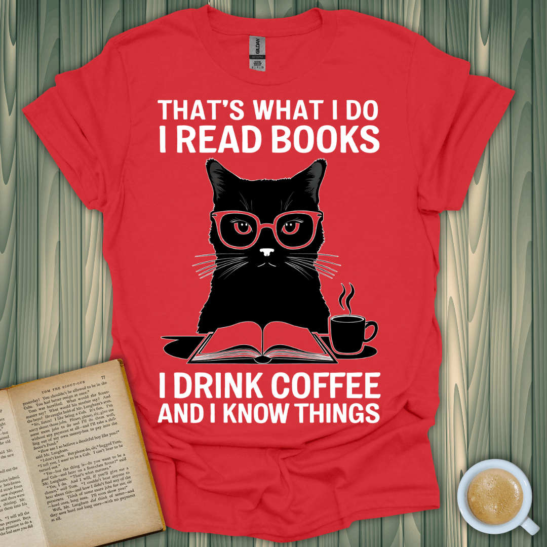 Red Coffee & Cat Wisdom T-Shirt featuring a clever cat, perfect for book lovers and coffee enthusiasts.