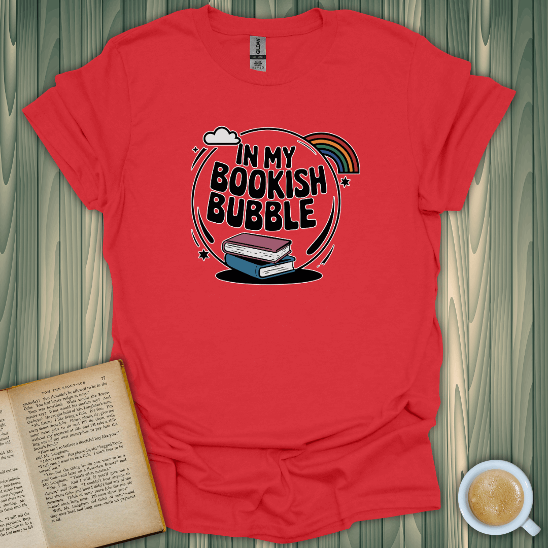 My Bookish Bubble T-Shirt in vibrant red; perfect for book lovers, made from 100% cotton and designed by BookedTees.