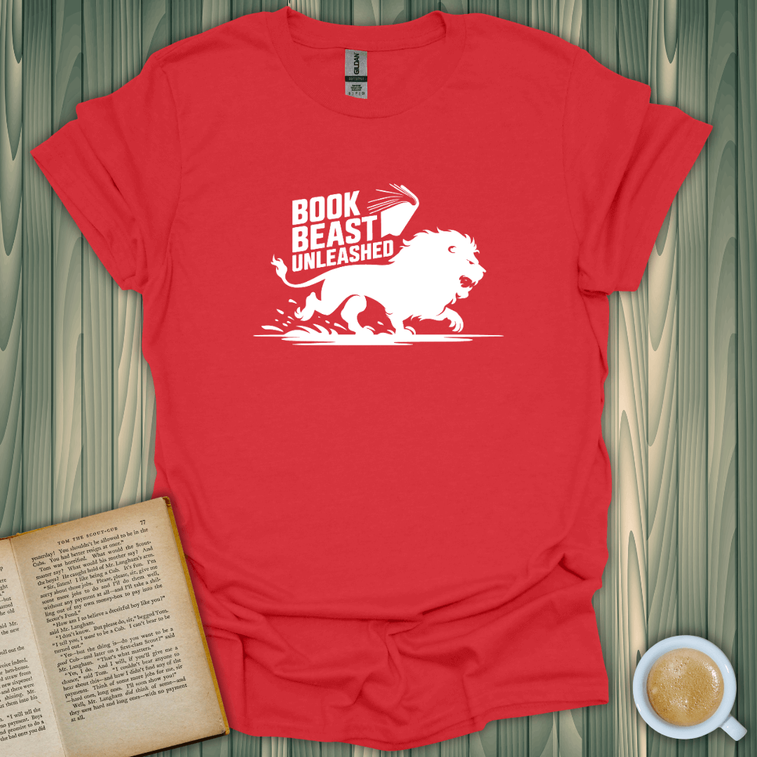 Book Beast Unleashed T-Shirt for book lovers, featuring a lion design on soft red cotton fabric.