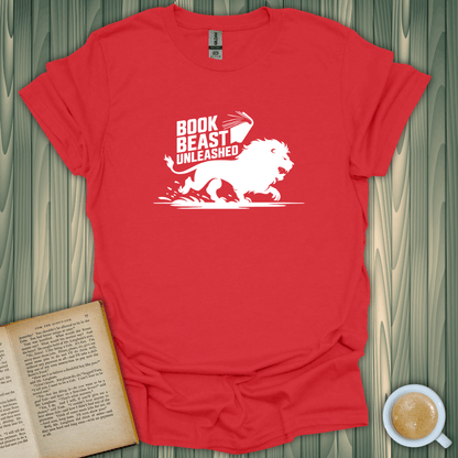 Book Beast Unleashed T-Shirt for book lovers, featuring a lion design on soft red cotton fabric.