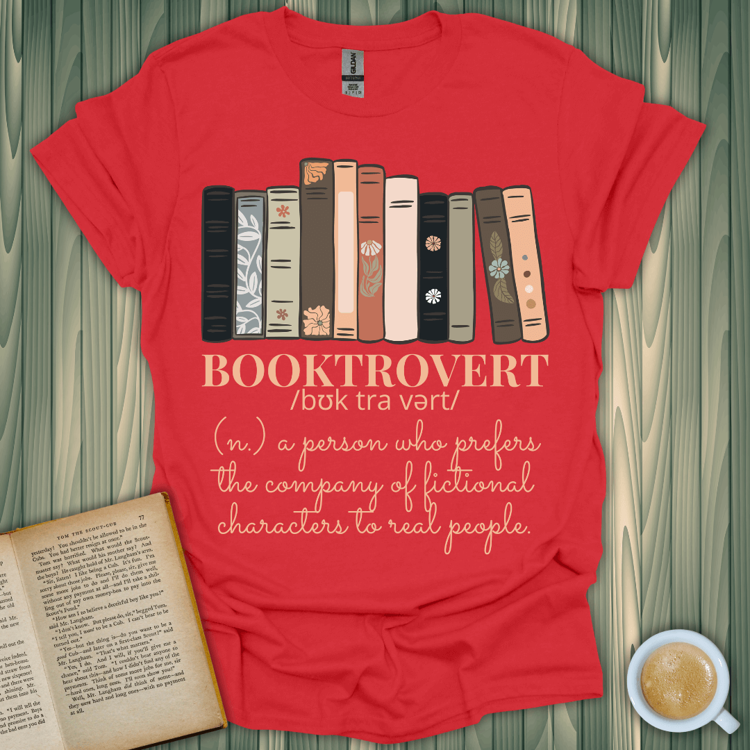 Booktrovert T-Shirt for book lovers, featuring vibrant design with stacked books and witty definition.