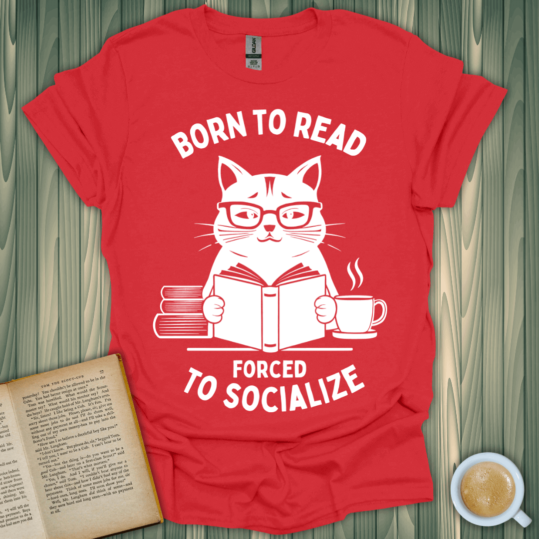 Born to Read 3 T-Shirt featuring a funny cat design for book lovers, perfect for casual wear.